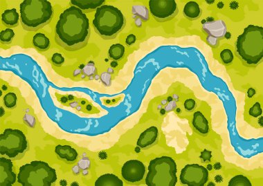 Top view river landscape. Summer beautiful valley, scenic picturesque natural stream. River with trees on shore. Landscape with winding river. Vector illustration.