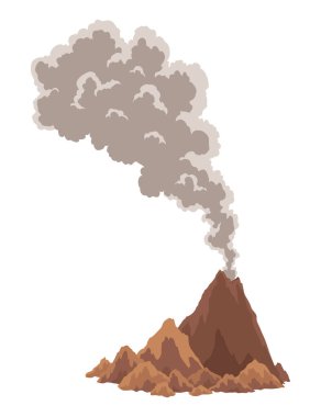 Volkan ikonu. Magma doğası dumanla şişiyor. Uyanmış bir Vulkan aktivitesi, duman elementi. Volkan patlaması. Düz çizgi film vektörü izole çizimi.