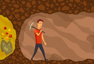 İşadamı başarısız oldu. Adam değerli hazineleri aramak için mağara kazmak için kazma kullanıyor. İş hayatında başarılı olmak için hırslı ve zorlayıcı. Kariyer geliştirme ve büyük hedeflere ulaşmak için motivasyon.