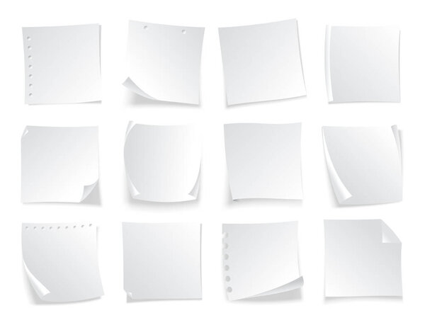 Липкие ноты. Чистые бумажные листы. Информационное напоминание. Блокноты и записки, бумажные листы. Векторная иллюстрация.