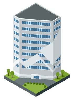 Isometric ofisler ya da iş merkezi simgesi. Şehir binası şehir haritası oluşturma. Mimari vektör 3d illüstrasyon. Bilgi elemanı. Şehir evi kompozisyonu.