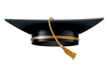 Mezuniyet şapkası. Altın püsküllü siyah öğrenci şapkası. Diploma töreni ve eğitim programları tasarımı için unsur. Üniversite, lise ya da üniversite şapkası beyaz arka planda izole edilmiş.