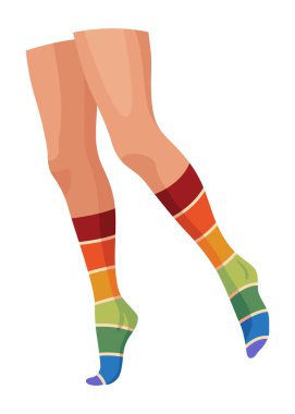 Kadın moda çorapları, çizgi film ikonu. Şık çoraplı bacaklar. Zarif kadın bacakları. Kıyafet parçaları, parlak renkli giysiler, ayakkabılar..