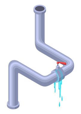 Sızdıran borular izometrik. Kırık boru borusu ve sızdıran su. Hasar tespiti için boru hattı döşeniyor. 3D endüstriyel su sistemi.