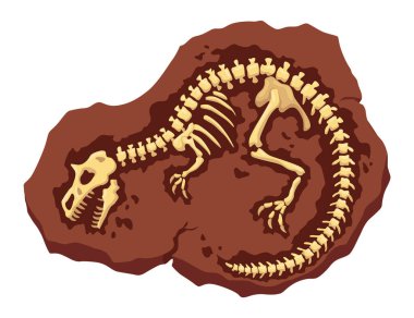 Dinozor fosil iskelet kemikleri, izole arkeoloji kazıları. Yeraltında yatan tarih öncesi sürüngen iskeletleri. Çizgi film paleontolojik tarihi eser.