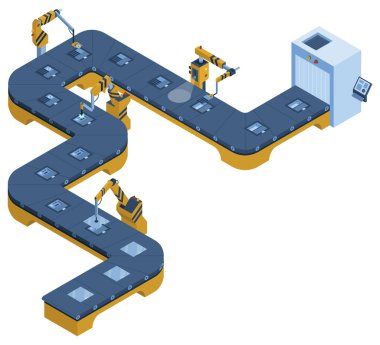 Fabrika izometrik taşıma hattı. Endüstriyel otomatik robot taşıyıcı, 3D üretim hattı. Fabrika işçilerinin olmadığı bir fabrika üretim hattı. Bileşik izometrik vektör çizimi.