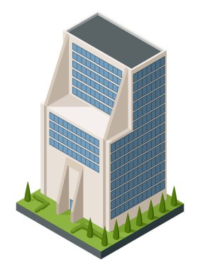 Isometric ofisler ya da iş merkezi simgesi. Şehir binası şehir haritası oluşturma. Mimari vektör 3d illüstrasyon. Bilgi elemanı. Şehir evi kompozisyonu.