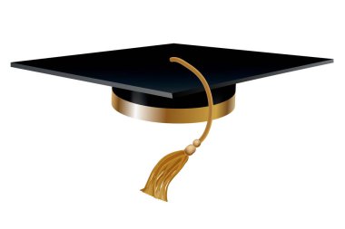 Mezuniyet şapkası. Altın püsküllü siyah öğrenci şapkası. Diploma töreni ve eğitim programları tasarımı için unsur. Üniversite, lise ya da üniversite şapkası beyaz arka planda izole edilmiş.