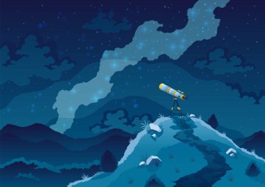 Uzay keşfi için teleskop, bilimsel keşif ve astronomi araştırması. Yıldızlı karanlık gökyüzünün arka planı. Tepede üç ayaklı camlı gece manzarası. İzlemek için ekipman.