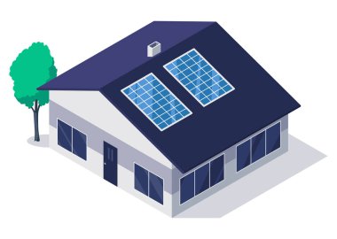 Klasik ve modern aile evleri çatısı güneş panelleri olan bir apartman. Emlak mülkü. Çağdaş, kenar mahalle tarzı.