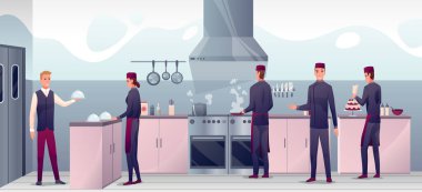 İnsanlar restoranın mutfağında yemek pişiriyor. Ekip yemekleri hazırlayan profesyonel bir aşçı. Tabak vektör çizimi sunan garson. Yatay panorama, mutfak odası iç plan.