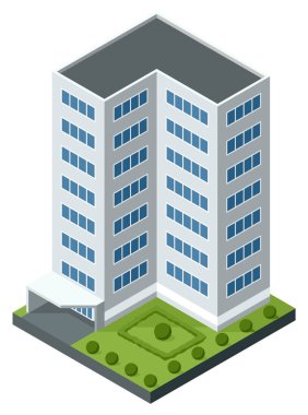 Isometric ofisler ya da iş merkezi simgesi. Şehir binası şehir haritası oluşturma. Mimari vektör 3d illüstrasyon. Bilgi elemanı. Şehir evi kompozisyonu.