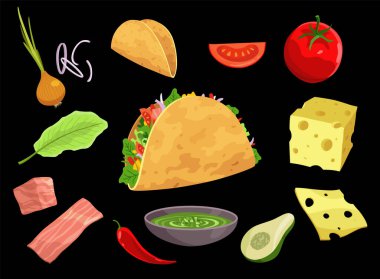 Tortilla soslu taco, marul, peynir ve domates. Geleneksel Meksika fast-food 'u. Menü ve reklam için Meksika yemek tasarımı öğesi. Vektör çizgi film illüstrasyonu.