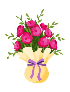 Çiçek buket ikonu. Vazo ya da saksı için çiçek açan karikatür demeti. Renkli çayır yeşilliği, bahçe çiçekleri. Vektör güzel düz dekoratif çiçek tomurcuğu bileşimi.