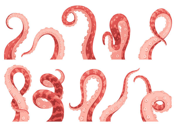Octopus tentacles or sea squid icon set. Spooky marine monster arm on white background. Vector cartoon underwater animal.