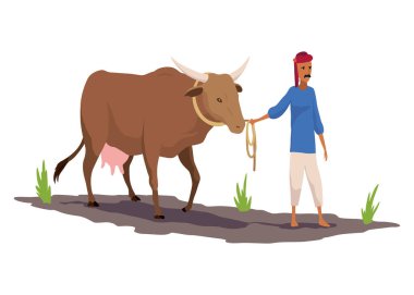 Geleneksel kıyafetlerle Hintli çiftçi. Kırsal kesimde inekler tarla sürüyor. Kırsal iş ve köy kavramı. İzole vektör illüstrasyonu.