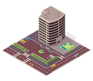 Isometric ofisleri ya da iş merkezleri. Şehir binası şehir haritası sokak ve arabalarla oluşturuluyor. Bilgi elementleri. Yolları olan şehir evi kompozisyonu.