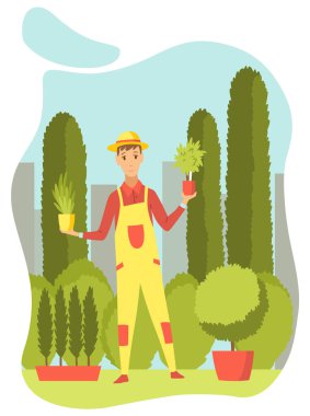 Kentsel bahçe işleri, bitkilerle ilgilenen kişi. Ekolojik ve sürdürülebilir yeşil yaşam tarzı. Şehir çevresi konsepti. Şehir parkları reklam broşürleri için. Vektör illüstrasyonu.