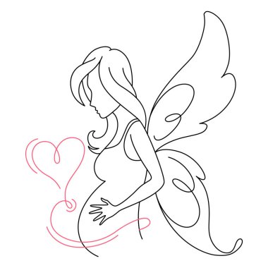 Sürekli çizgi çizen hamile kadın. Basit doğrusal bir şekilde sağlıklı hamilelik ve doğum bebek sembolü. Çizim ana hatları vektör illüstrasyonu.