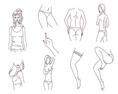 Kadın uzuvları. Şehvetli bir kadın. Vücut pozitifliği, kendini sevme, kadınlık kavramı. Karakter iç çamaşırı, sutyen ve külot giyer. Beyaz arkaplanda doğrusal düz vektör çizimi.