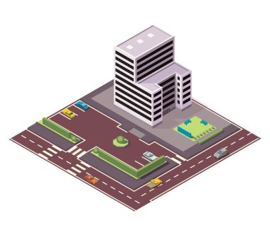 Isometric ofisleri ya da iş merkezleri. Şehir binası şehir haritası sokak ve arabalarla oluşturuluyor. Bilgi elementleri. Yolları olan şehir evi kompozisyonu.