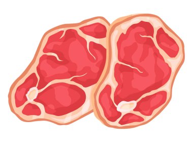 Et simgesi. Kasap dükkanının tezgahı için ürün. Süpermarket yemekleri. Üst görünüm dekoratif vektör illüstrasyonu.
