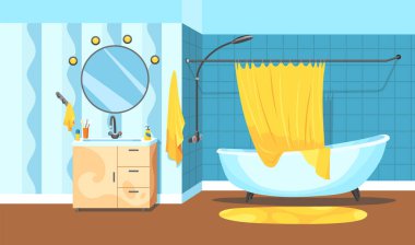 Çizgi film banyo içi küvet ve perde, tuvalet, ayna ve lavabo. Banyo zamanı düz stil tasarım şablonu. Web sitesi, yazdırma, poster için vektör illüstrasyonu.