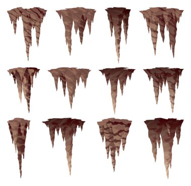Stalactite. Icicle shaped hanging mineral formations in cave. Nature brown limestone, material stone icon. Natural growth geology formations.