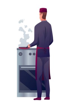 İnsanlar restoranın mutfağında yemek pişiriyor. Yemek hazırlayan profesyonel şef. Tabak vektör çizimi yapan garson..