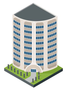 Isometric ofisler ya da iş merkezi simgesi. Şehir binası şehir haritası oluşturma. Mimari vektör 3d illüstrasyon. Bilgi elemanı. Şehir evi kompozisyonu.