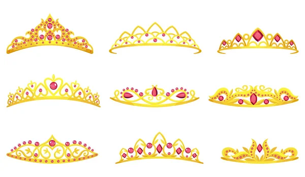 Set Ratu Mahkota Emas Vektor Ikon Koleksi Emas Putri Tiaras Stok Ilustrasi 