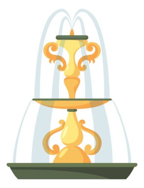 Su fıskiyesi ve su sıçraması. Su damlalarıyla klasik ve modern mimari dekoru. Mimari elementler çizgi film vektörüyle açık hava park dekorasyonu.