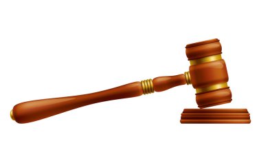 Tahta kahverengi yargıç tokmak, mahkeme kararı için parlak tokmak. 3D gerçekçi vektör, beyaz arka planda izole edilmiş. Kürsüde altınla birlikte açık arttırma çekici. Hukuk ve adalet sistemi sembolü.