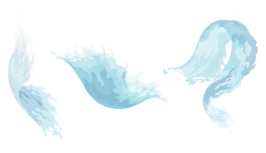 Su dalgası sıçraması, hareketli elementler. Su sıvısı, hidrasyon reklamı. Mavi su dalgası sıçrıyor. Vektör çizgi film illüstrasyonu.