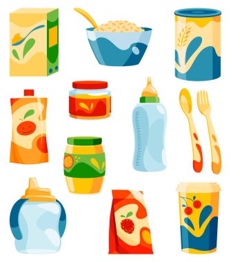 Kavanozlarda, şişelerde ve kutularda bebek maması. Beyaz arka planda izole edilmiş çocuk yemek ikonları. Meyve ve sebze püresi, lapa, süt ve bisküvilerin vektör düz çizimi.