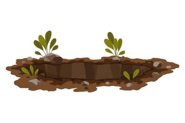 Hole ground. Works digging of sand coal waste rock or gravel. Brown, dry mine element of landscape. Cartoon illustration.