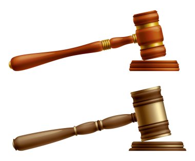 Tahta kahverengi yargıç tokmak, mahkeme kararı için parlak tokmak. 3D gerçekçi vektör, beyaz arka planda izole edilmiş. Kürsüde altınla birlikte açık arttırma çekici. Hukuk ve adalet sistemi sembolü.
