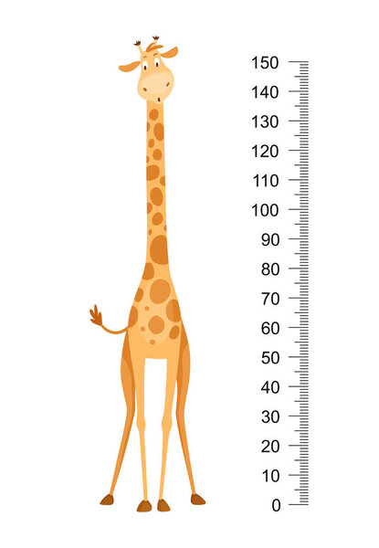 Забавный жираф. Веселый смешной жираф с длинной шеей. Стена жирафа или диаграмма высоты или наклейка на стену. Иллюстрация по шкале от 0 до 150 см для измерения роста.