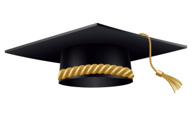 Mezuniyet şapkası. Altın püsküllü siyah öğrenci şapkası. Diploma töreni ve eğitim programları tasarımı için unsur. Üniversite, lise ya da üniversite şapkası beyaz arka planda izole edilmiş.