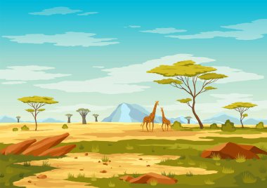 Afrika savan manzarası, Afrika 'nın vahşi doğası, yeşil ağaçlı çizgi film arka planı, kayalar ve açık mavi gökyüzünün altındaki düz çayır alanı. Kenya panoramik görünümü, parallax sahnesi, Vektör illüstrasyonu.