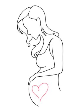 Sürekli çizgi çizen hamile kadın. Basit doğrusal bir şekilde sağlıklı hamilelik ve doğum bebek sembolü. Çizim ana hatları vektör illüstrasyonu.