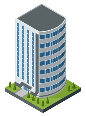 Isometric ofisler ya da iş merkezi simgesi. Şehir binası şehir haritası oluşturma. Mimari vektör 3d illüstrasyon. Bilgi elemanı. Şehir evi kompozisyonu.