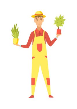 Kentsel bahçe işleri, bitkilerle ilgilenen kişi. Ekolojik ve sürdürülebilir yeşil yaşam tarzı. Şehir çevresi konsepti. Şehir parkları reklam broşürleri için. Vektör illüstrasyonu.