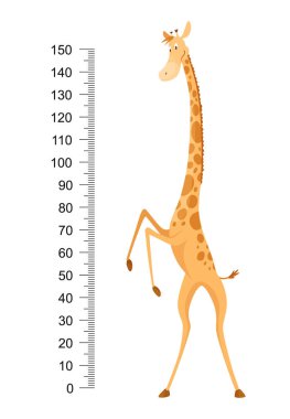 Komik zürafa. Uzun boyunlu neşeli komik zürafa. Zürafa metre duvarı, boy çizelgesi ya da duvar çıkartması. Büyümeyi ölçmek için 0 ile 150 santimetre arasında ölçeklendirme.