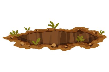 Hole ground. Works digging of sand coal waste rock or gravel. Brown, dry mine element of landscape. Cartoon illustration.