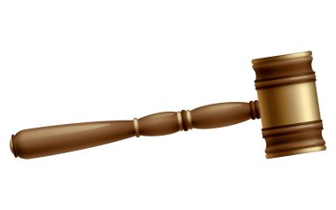 Tahta kahverengi yargıç tokmak, mahkeme kararı için parlak tokmak. 3D gerçekçi vektör, beyaz arka planda izole edilmiş. Kürsüde altınla birlikte açık arttırma çekici. Hukuk ve adalet sistemi sembolü.