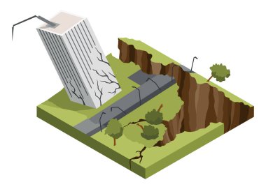 Şehir vurmak deprem kavramı 3d izometrik görünümü çatlama binalar, hasar ve kaza. Doğal felaket yıkım vektör çizim.