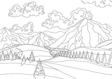 Kış manzarası, ön planda karlı çam ağaçları ve dağların zirveleri, tepeler, gökyüzünde bulutlar. Renklendirme. Karla kaplı alanın vektör çizimi. Dağlar, kar manzarası..