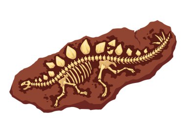 Dinozor fosil iskelet kemikleri, izole arkeoloji kazıları. Yeraltında yatan tarih öncesi sürüngen iskeletleri. Çizgi film paleontolojik tarihi eser.