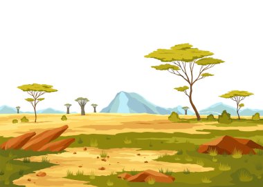 Afrika savan manzarası, Afrika 'nın vahşi doğası, yeşil ağaçlı çizgi film arka planı, kayalar ve açık mavi gökyüzünün altındaki düz çayır alanı. Kenya panoramik görünümü, parallax sahnesi, Vektör illüstrasyonu.